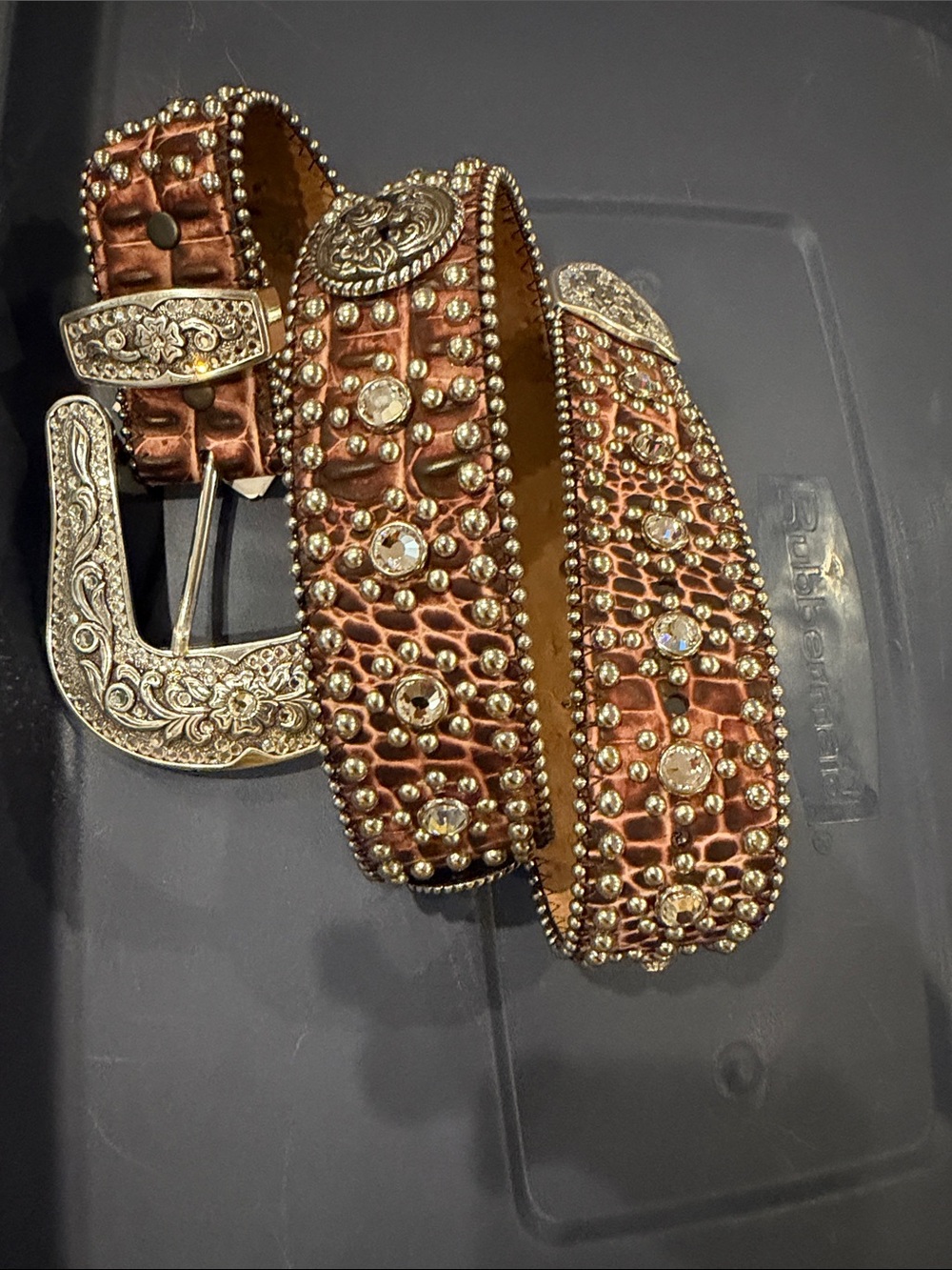 Tony Lama Copper-Tone Studded Western Belt with Crystal Accents